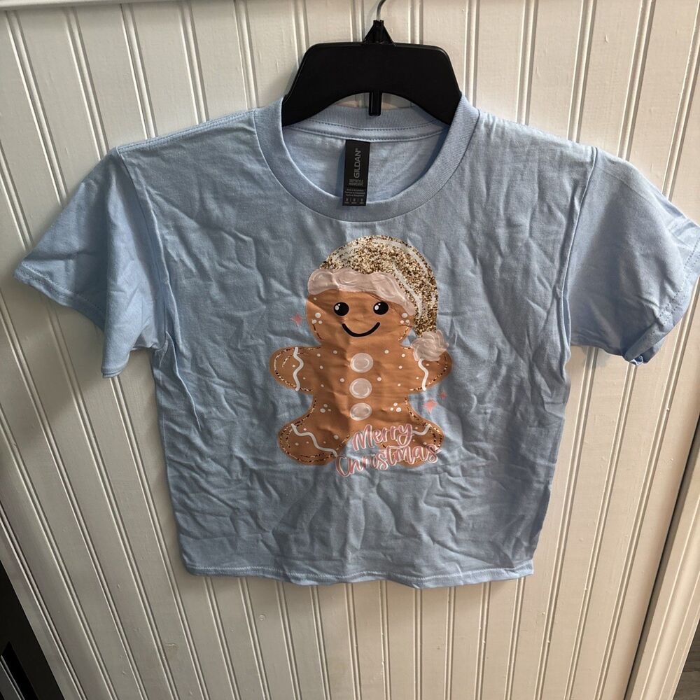 Youth M Girl Gingerbread Christmas Cookie Xmas Holiday T-Shirt Blue NWOT